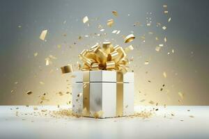 AI generated White gift box with a golden bow and confetti on festive glittering dark black bokeh background photo