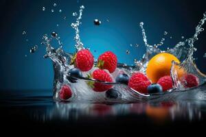 AI generated Fresh berries strawberry, raspberry, blueberry in water splash on blue background. photo