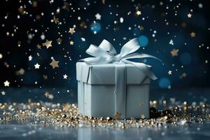 AI generated Blue gift boxes with a golden bow on festive glittering bokeh confetti background photo