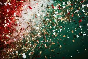 AI generated Multicolored sparkle festive green,red,white and golden confetti background. photo