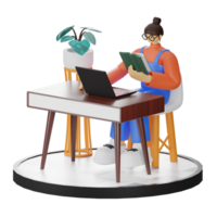 A Teenage Girl immersed in 3D Illustration while Reading a Book at the Computer Desk png