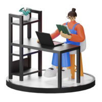 un Adolescente niña inmerso en 3d ilustración mientras leyendo un libro a el computadora escritorio png