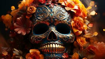 AI generated Day of the dead, Dia de los muertos background,banner and greeting card concept with sugar skull.AI photo