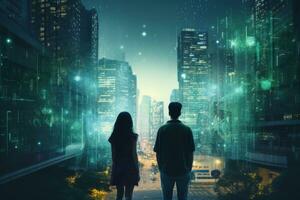 AI generated Man and woman silhouettes standing near digital city photo