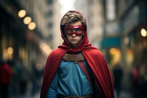 ai generado chico vistiendo superhéroe disfraz a ciudad calle foto