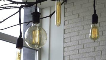 Close up for led light bulbs of different forms hanging on black wires from the ceiling in the room with white brick walls. Media. Beautiful retro light bulbs on tree branch, home decoration elements. photo