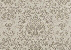 Background of paper texture beige wallpaper with a geometric retro pattern of curlicues and leaves.. photo