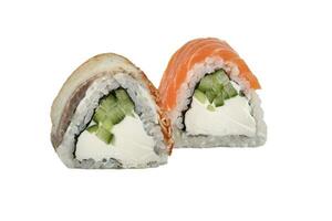 Sushi closeup isolated on white background. Sushi roll with graham rice, Philadelphia cheese and celery. photo