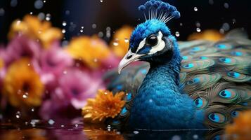 AI generated Peacock bird colorful blue animal conservation fauna photo
