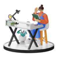 A Teenage Girl immersed in 3D Illustration while Reading a Book at the Computer Desk png