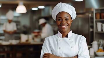 AI generated african american black woman as chef standing in kitchen with smile, ai photo