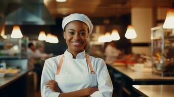 AI generated african american black woman as chef standing in kitchen with smile, ai photo