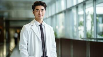 AI generated male doctor wearing labcoat standing and smiling photo