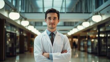 AI generated male doctor wearing labcoat standing and smiling photo