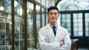 AI generated male doctor wearing labcoat standing and smiling photo