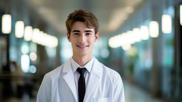 AI generated male doctor wearing labcoat standing and smiling photo