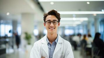 AI generated male doctor wearing labcoat standing and smiling photo