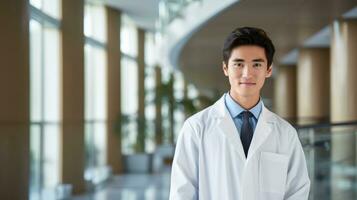 AI generated male doctor wearing labcoat standing and smiling photo