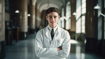 AI generated male doctor wearing labcoat standing and smiling photo