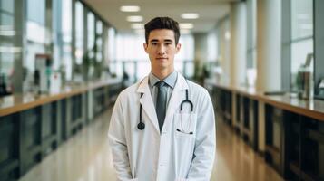 AI generated male doctor wearing labcoat standing and smiling photo