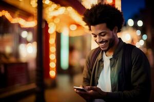 AI generated Photo handsome man using smartphone and smiling.AI Generated