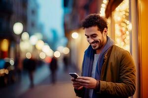 AI generated Photo handsome man using smartphone and smiling.AI Generated