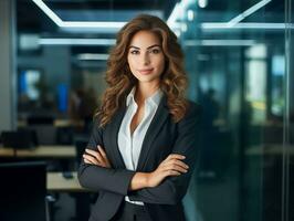 ai generado contento mujer de negocios en pie en oficina con traje sonriente profesional ejecutivo gerente. ai generado foto