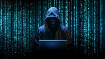 AI generated Hacker man typing on laptop, hacking computer system. male in mask and hoodie .AI Generated photo