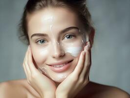 AI generated Beauty young woman applying cream on her face, Girl beauty skin care. Facial treatment. AI Generated photo