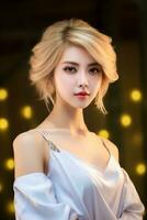 AI generated Beautiful Woman in a White Dress with Short Blonde Hair. AI Generated photo