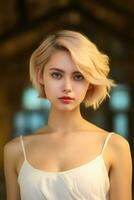 AI generated Beautiful young girl wearing dress white casual fashion style, elegant model concept . AI Generated photo