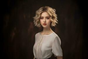 AI generated Woman with a Trendy Hairstyle in a White Dress. AI Generated photo