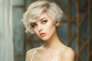 AI generated Beautiful Woman Blonde And short hair in a White Dress . Fashion model concept AI Generated photo