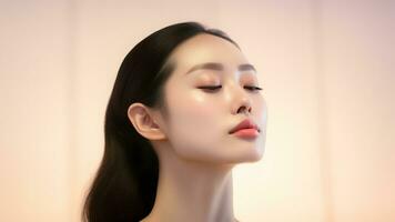 ai generado belleza joven asiático mujer con limpiar Fresco piel niña belleza cara cuidado. facial tratamiento. ai generado foto