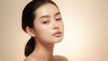 ai generado belleza joven asiático mujer con limpiar Fresco piel niña belleza cara cuidado. facial tratamiento. ai generado foto