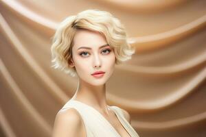 AI generated Woman with a Trendy Hairstyle in a White Dress. AI Generated photo