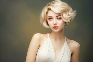 AI generated Beautiful Woman Blonde And short hair in a White Dress . Fashion model concept AI Generated photo