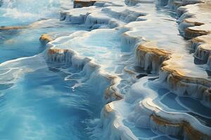 AI generated cascade of natural travertine pools with blue mineral spring water photo