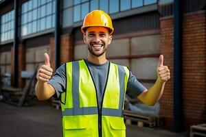 ai generado edificio sector y industrial trabajadores concepto. confidente joven asiático ingeniero. ai generado foto