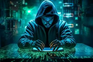 AI generated hacker man terrorist with virus computer attack to server network system .AI Generated photo