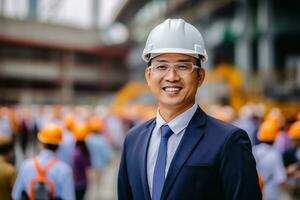 ai generado foto de joven asiático ingeniero hombre hermoso sonriente en naranja chaleco. fábrica obrero. ai generado