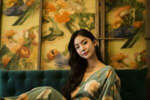 AI generated photo Happy beautiful young asian woman relaxing on sofa in living room.AI Generated