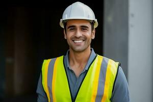 ai generado foto de joven asiático ingeniero hombre hermoso sonriente en naranja chaleco. fábrica obrero. ai generado