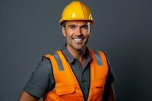 ai generado foto de joven asiático ingeniero hombre hermoso sonriente en naranja chaleco. fábrica obrero. ai generado