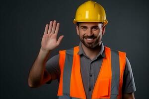 ai generado foto de joven asiático ingeniero hombre hermoso sonriente en naranja chaleco. fábrica obrero. ai generado