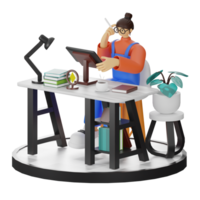A Teenage Girl Engaged in 3D Digital Drawing at the Computer Desk png