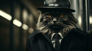 AI generated Black noir Cat detective in suit photo