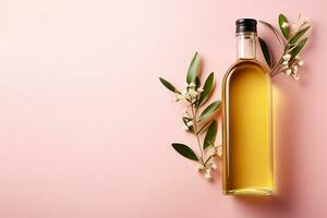 AI generated Healthy Olive Oil in Bottle with Blank Space on Pink Background photo