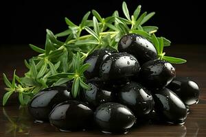 AI generated Fresh Black Olives Fruit with Leaves on Wooden Table photo