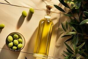 AI generated Healthy Oil in Bottle with Olive Fruit and Foliage photo